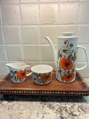 J & G Meakin of England Vtg Floral Porcelain Coffee/Tea Set Orange Poppies